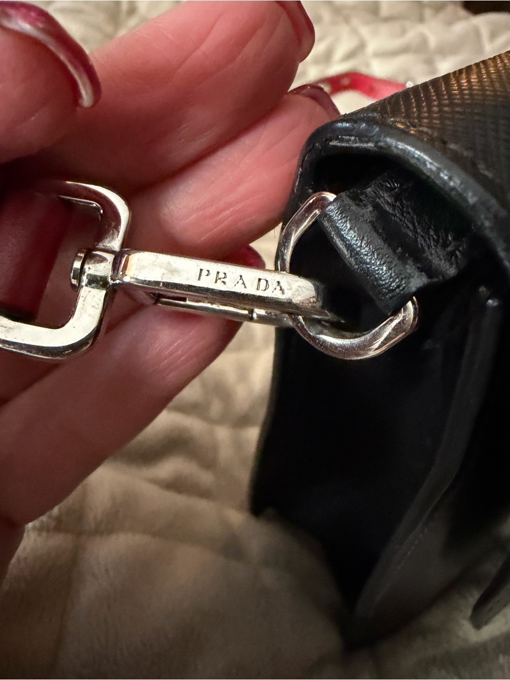 Prada Black Leather Crossbody w/Red Leather Silver-Tone Studded Strap & Accents! - Picture 4 of 15